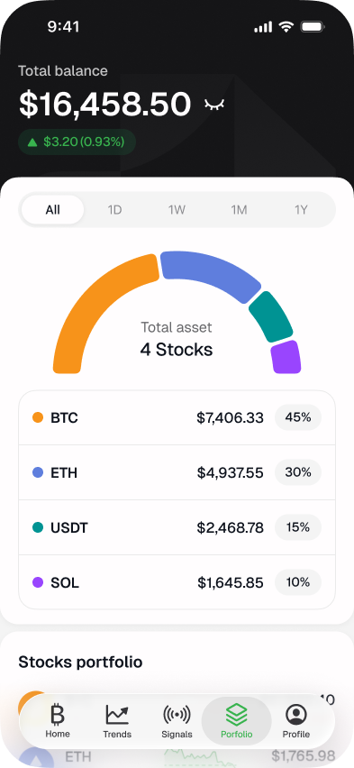 The Portfolio screen in Use7en showing allocation and open positions.