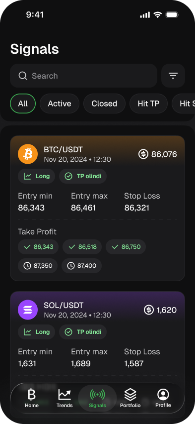 The Signals screen in Use7en, dark mode.